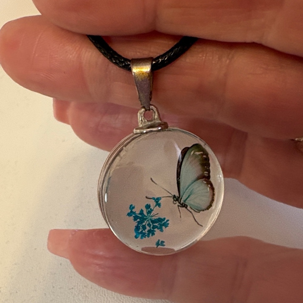 Elegant Glass with Blue Butterfly Pendant Necklace